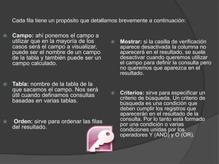 Cada fila tiene un propósito que detallamos brevemente a continuación:

   Campo: ahí ponemos el campo a
    utilizar que en la mayoría de los         Mostrar: si la casilla de verificación
    casos será el campo a visualizar,          aparece desactivada la columna no
    puede ser el nombre de un campo            aparecerá en el resultado, se suele
    de la tabla y también puede ser un         desactivar cuando queremos utilizar
    campo calculado.                           el campo para definir la consulta pero
                                               no queremos que aparezca en el
                                               resultado.

   Tabla: nombre de la tabla de la
    que sacamos el campo. Nos será
    útil cuando definamos consultas           Criterios: sirve para especificar un
    basadas en varias tablas.                  criterio de búsqueda. Un criterio de
                                               búsqueda es una condición que
                                               deben cumplir los registros que
                                               aparecerán en el resultado de la
   Orden: sirve para ordenar las filas        consulta. Por lo tanto está formado
                                               por una condición o varias
    del resultado.                             condiciones unidas por los
                                               operadores Y (AND) y O (OR).
 