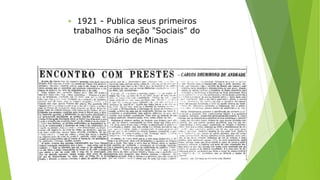  1921 - Publica seus primeiros 
trabalhos na seção "Sociais" do 
Diário de Minas 
 