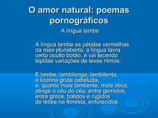 O amor natural: poemas
    pornográficos
          A língua lambe

 A língua lambe as pétalas vermelhas
 da rosa pluriaberta; a língua lavra
 certo oculto botão, e vai tecendo
 lépidas variações de leves ritmos.

 E lambe, lambilonga, lambilenta,
 a licorina gruta cabeluda,
 e, quanto mais lambente, mais ativa,
 atinge o céu do céu, entre gemidos,
 entre gritos, balidos e rugidos
 de leões na floresta, enfurecidos.
 