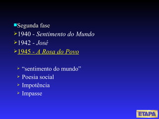 Segunda fase 1940  - Sentimento do Mundo 1942  - José  1945  - A Rosa do Povo “ sentimento do mundo” Poesia social Impotência Impasse 