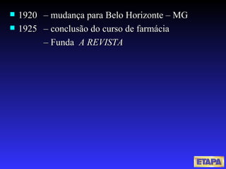 1920  – mudança para Belo Horizonte – MG 1925  – conclusão do curso de farmácia – Funda  A REVISTA 
