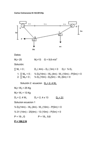 Carlos Colmenarez III-142-00125p
Datos:
Mb= 25 Mc=13 G = 9,8 m/s2
Solución:
∑ Mc = 0 ; Dy ( 4m) – Dx ( 3m) = 0 Dy= ¾ Dx
1. ∑ MA = 0 ; ¾ Dx(14m) – Wb (4m) - Wc (10m) – P(5m) = 0
2. ∑ MB = 0 ; ¾ Dx (10m) - Dx(5m) – Wc (6m) = 0
Solución 2 ecuacion Dx = 2, 4 Wc
Mb= Wb = 25 Kg
Mc= Wc = 13 Kg
Dx = 2, 4 Wc Dx = 2, 4 x 13 Dx = 31
Solucion ecuacion 1
¾ Dx(14m) – Wb (4m) - Wc (10m) – P(5m) = 0
¾ 31 (14m) – 25(4m) - 13 (10m) – P(5m) = 0
P = 19 x G P = 19 x 9,8
P = 186,2 N
 