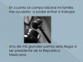    En cuanto al campo laboral mi familia
    me ayudaría a poder entrar a trabajar.




   Uno de mis grandes sueños seria llegar a
    ser presidente de la Republica
    Mexicana.
 