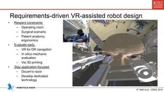 Requirements-driven VR-assisted robot design
• Respect constraints:
– Operating room
– Surgical scenario
– Patient anatomy,
ergonomics
• Evaluate early:
– VR for OR navigation
– In silico mechanic
evaluation
– Via 3D printing
• Stay application focused:
– Occam's razor
– Develop dedicated
technology
O’ Neill et al., CRAS 2019
 