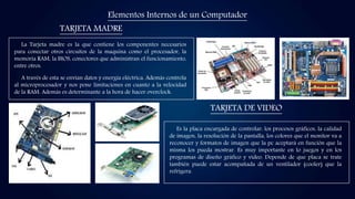 Elementos Internos de un Computador
TARJETA MADRE
TARJETA DE VIDEO
La Tarjeta madre es la que contiene los componentes necesarios
para conectar otros circuitos de la maquina como el procesador, la
memoria RAM, la BIOS, conectores que administran el funcionamiento,
entre otros.
A través de esta se envían datos y energía eléctrica. Además controla
al microprocesador y nos pone limitaciones en cuanto a la velocidad
de la RAM. Además es determinante a la hora de hacer overclock.
Es la placa encargada de controlar: los procesos gráficos, la calidad
de imagen, la resolución de la pantalla, los colores que el monitor va a
reconocer y formatos de imagen que la pc aceptará en función que la
misma los pueda mostrar. Es muy importante en lo juegos y en los
programas de diseño gráfico y video. Depende de que placa se trate
también puede estar acompañada de un ventilador (cooler) que la
refrigera.
 
