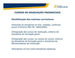 CURSOS DE GRADUAÇÃO PRESENCIAIS


Flexibilização das matrizes curriculares

•Inserção de disciplinas on-line, isoladas, conforme
prevê a Portaria MEC Nº. 4059/2009;

•Integração dos cursos da instituição, entorno de
disciplinas de formação geral;

•Integração dos cursos, ou núcleo de cursos, entorno
de disciplinas de formação geral e disciplinas de
diferenciadoras da instituição;

•Disciplinas on-line como disciplinas optativas.
 