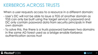 ciyinet
KERBEROS ACROSS TRUSTS
When a user requests access to a resource in a different domain:
- User’s DC will not be able to issue a TGS of another domain as
TGS can only be built using the target service’s password and
DC only contain password data from security principals in their
own domain
- To solve this, the there is a trusts password between two domains
in the same AD forest used as a bridge enable Kerberos
authentication across trust
18
 