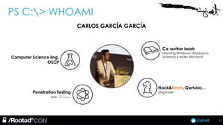 ciyinet
CARLOS GARCÍA GARCÍA
Computer Science Eng.
OSCP
Penetration Testing
Hack&Beers, Qurtuba…
Organizer
Co-author book
Hacking Windows: Ataques a
Sistemas y redes Microsoft
PS C:> WHOAMI
2
 