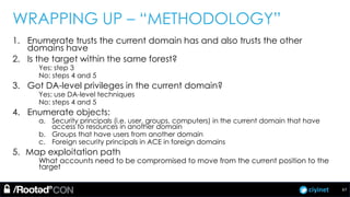 ciyinet
WRAPPING UP – “METHODOLOGY”
1. Enumerate trusts the current domain has and also trusts the other
domains have
2. Is the target within the same forest?
Yes: step 3
No: steps 4 and 5
3. Got DA-level privileges in the current domain?
Yes: use DA-level techniques
No: steps 4 and 5
4. Enumerate objects:
a. Security principals (i.e. user, groups, computers) in the current domain that have
access to resources in another domain
b. Groups that have users from another domain
c. Foreign security principals in ACE in foreign domains
5. Map exploitation path
What accounts need to be compromised to move from the current position to the
target
67
 