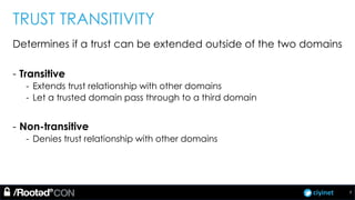 ciyinet
TRUST TRANSITIVITY
Determines if a trust can be extended outside of the two domains
- Transitive
- Extends trust relationship with other domains
- Let a trusted domain pass through to a third domain
- Non-transitive
- Denies trust relationship with other domains
7
 