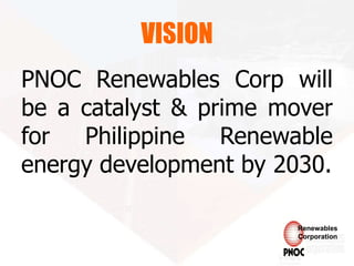 VISION
PNOC Renewables Corp will
be a catalyst & prime mover
for Philippine Renewable
energy development by 2030.
Renewables
Corporation
 