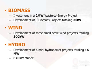• BIOMASS
– Investment in a 2MW Waste-to-Energy Project
– Development of 3 Biomass Projects totaling 3MW
• WIND
– Development of three small-scale wind projects totaling
300kW
• HYDRO
– Development of 6 mini hydropower projects totaling 16
MW
– 630 kW Munoz
28
 