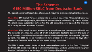 The Scheme:
€150 Million SBLC from Deutsche Bank
Page 06
• The operation works through two phases, each requiring a substantial upfront payment.
• Phase One: ITF Capital Partners enters into a contract to provide "financial structuring
services," including opening a joint account at UBS Bank to hold funds up to €200 million.
The client pays a substantial upfront fee. The UBS account is never opened. The financial
structuring services are never provided.
• Phase Two: ITF Capital Partners enters into a second contract to manage and facilitate
the issuance of a Standby Letter of Credit (SBLC) from Deutsche Bank in the sum of
€150,000,000. Transmission and administrative costs totaling over €300,000 are required
upfront. The SBLC is to be monetised in two phases: the first phase 45 days after
issuance to Deutsche Bank, the second phase 30 days thereafter.
• The SBLC is never issued. Deutsche Bank never receives any instruction from ITF Capital
Partners. ITF stops responding to all communications. Multiple victims have reported
losing a combined total exceeding €377,500 through this scheme.
 