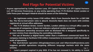 Red Flags for Potential Victims
Page 09
• Anyone approached by Carlos Gustavo Luna, ITF Capital Partners LLP, ITF Capital Partners
LLC, ITF Servicios Financieros, or any entity operating from 71-75 Shelton Street London or
Calle Poeta Joan Maragal 9 Madrid should be aware of the following:
⚬ 1. No legitimate entity issues €150 million SBLCs from Deutsche Bank for a €307,500
fee. The fee-to-instrument ratio is absurd. Deutsche Bank does not work with entities
registered at virtual office addresses.
⚬ 2. The 71-75 Shelton Street, Covent Garden, London address is a virtual office used by
thousands of companies. It does not indicate a physical London presence.
⚬ 3. The Delaware ownership structure with no disclosed PSC is designed specifically to
prevent victims from identifying the controlling individual.
⚬ 4. The use of Revolut (a digital bank) rather than a traditional commercial bank for a
company claiming to facilitate €150 million transactions is inconsistent with the claimed
scale of operations.
⚬ 5. The dual-domain operation (itfcapitalpartners.com and itfserviciosfinancieros.com)
suggests parallel operations targeting different language markets with the same
scheme.
⚬ 6. Luna's passport expired in July 2025. If he has not renewed it, his ability to travel
 