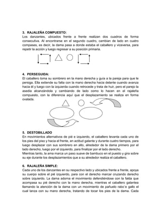 3. RAJALEÑA COMPUESTO:
Los danzantes, ubicados frente a frente realizan dos cuadros de forma
consecutiva. Al encontrarse en el segundo cuadro, cambian de lado en cuatro
compases, es decir, la dama pasa a donde estaba el caballero y viceversa, para
repetir la acción y luego regresar a su posición primaria.
4. PERSEGUIDA:
El caballero toma su sombrero en la mano derecha y guía a la pareja para que le
persiga. Ella extiende su falta con la mano derecha hacia delante cuando avanza
hacia él y luego con la izquierda cuando retrocede y trata de huir, pero el parejo la
asedia alcanzándola y cambiando de lado como lo hacen en el rajaleña
compuesto, con la diferencia aquí que el desplazamiento se realiza en forma
ovalada.
5. DESTOBILLADO
En movimientos alternativos de pié e izquierdo, el caballero levanta cada uno de
los pies del piso y hacia el frente, en actitud galante y durante cuatro tiempos, para
luego desplazar con sus sombrero en alto, alrededor de la dama primero por el
lado derecho, luego por el izquierdo, para finalizar por el lado derecho.
Mientras tanto, la ama marca un paso suave de bambuco en el puesto y gira sobre
su eje durante los desplazamientos que a su alrededor realiza el caballero.
6. RAJALEÑA SIMPLE:
Cada uno de los danzantes en su respectivo lado y ubicados frente a frente, apoya
su cuerpo sobre el pié izquierdo, para con el derecho marcar cruzando derecho
sobre izquierdo. La dama adorna el movimiento defendiéndose con la falda que
acompasa su pié derecho con la mano derecha, mientras el caballero galantea
llamando la atención de la dama con un movimiento de pañuelo rabo´e gallo el
cual lanza con su mano derecha, tratando de tocar los pies de la dama. Cada
 