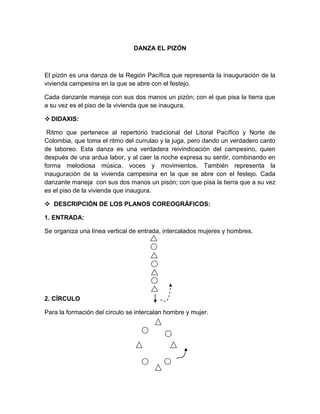 DANZA EL PIZÓN
El pizón es una danza de la Región Pacífica que representa la inauguración de la
vivienda campesina en la que se abre con el festejo.
Cada danzante maneja con sus dos manos un pizón; con el que pisa la tierra que
a su vez es el piso de la vivienda que se inaugura.
 DIDAXIS:
Ritmo que pertenece al repertorio tradicional del Litoral Pacífico y Norte de
Colombia, que toma el ritmo del currulao y la juga, pero dando un verdadero canto
de laboreo. Esta danza es una verdadera reivindicación del campesino, quien
después de una ardua labor, y al caer la noche expresa su sentir, combinando en
forma melodiosa música, voces y movimientos. También representa la
inauguración de la vivienda campesina en la que se abre con el festejo. Cada
danzante maneja con sus dos manos un pisón; con que pisa la tierra que a su vez
es el piso de la vivienda que inaugura.
 DESCRIPCIÓN DE LOS PLANOS COREOGRÁFICOS:
1. ENTRADA:
Se organiza una línea vertical de entrada, intercalados mujeres y hombres.
2. CÍRCULO
Para la formación del círculo se intercalan hombre y mujer.
 