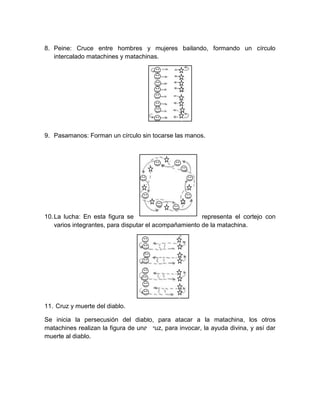 8. Peine: Cruce entre hombres y mujeres bailando, formando un círculo
intercalado matachines y matachinas.
9. Pasamanos: Forman un círculo sin tocarse las manos.
10.La lucha: En esta figura se representa el cortejo con
varios integrantes, para disputar el acompañamiento de la matachina.
11. Cruz y muerte del diablo.
Se inicia la persecusión del diablo, para atacar a la matachina, los otros
matachines realizan la figura de una cruz, para invocar, la ayuda divina, y así dar
muerte al diablo.
 