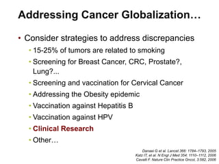 • Consider strategies to address discrepancies
• 15-25% of tumors are related to smoking
• Screening for Breast Cancer, CRC, Prostate?,
Lung?...
• Screening and vaccination for Cervical Cancer
• Addressing the Obesity epidemic
• Vaccination against Hepatitis B
• Vaccination against HPV
• Clinical Research
• Other…
Danaei G et al. Lancet 366: 1784–1793, 2005
Katz IT, et al. N Engl J Med 354: 1110–1112, 2006
Cavalli F. Nature Clin Practice Oncol, 3:582, 2006
Addressing Cancer Globalization…
 