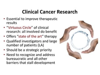 Clinical Cancer Research
• Essential to improve therapeutic
results
• “Virtuous Circle” of clinical
research: all involved do benefit
• Offers “state of the art” therapy
• Qualified investigators and large
number of patients (LA)
• Should be a strategic priority
• Need to recognize and address
bureaucratic and all other
barriers that stall development
 