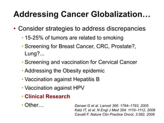 • Consider strategies to address discrepancies
• 15-25% of tumors are related to smoking
• Screening for Breast Cancer, CRC, Prostate?,
Lung?...
• Screening and vaccination for Cervical Cancer
• Addressing the Obesity epidemic
• Vaccination against Hepatitis B
• Vaccination against HPV
• Clinical Research
• Other… Danaei G et al. Lancet 366: 1784–1793, 2005
Katz IT, et al. N Engl J Med 354: 1110–1112, 2006
Cavalli F. Nature Clin Practice Oncol, 3:582, 2006
Addressing Cancer Globalization…
 