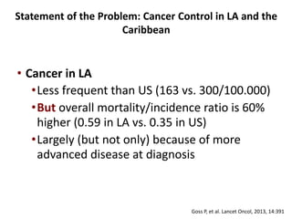 • Cancer in LA
•Less frequent than US (163 vs. 300/100.000)
•But overall mortality/incidence ratio is 60%
higher (0.59 in LA vs. 0.35 in US)
•Largely (but not only) because of more
advanced disease at diagnosis
Statement of the Problem: Cancer Control in LA and the
Caribbean
Goss P, et al. Lancet Oncol, 2013, 14:391
 