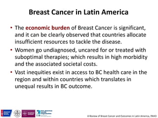 Breast Cancer in Latin America
• The economic burden of Breast Cancer is significant,
and it can be clearly observed that countries allocate
insufficient resources to tackle the disease.
• Women go undiagnosed, uncared for or treated with
suboptimal therapies; which results in high morbidity
and the associated societal costs.
• Vast inequities exist in access to BC health care in the
region and within countries which translates in
unequal results in BC outcome.
A Review of Breast Cancer and Outcomes in Latin America, PAHO
 