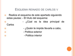 ESQUEMA REINADO DE CARLOS V
 Realiza el esquema de este apartado siguiendo
estas pautas: - El título del esquema:
 - ¿Cúal es la idea principal de
Carlos
 - ¿Quién le impide llevarla a cabo,
 - Politica exterior
 - Politica interior
 