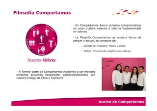 Filosofía Compartamos

                                         › En Compartamos Banco estamos comprometidos
                                         en crear cultura externa e interna fundamentada
                                         en valores

                                         › La Filosofía Compartamos es nuestra forma de
                                         pensar y actuar, se compone de:
                                               › Sentido de Propósito: Misión y Visión

                                               › Mística: Vivencia de nuestros seis valores




 › Al formar parte de Compartamos invitamos a ser mejores
 personas actuando éticamente, comprometiéndose con
 nuestro Código de Ética y Conducta




                                                              Acerca de Compartamos
 