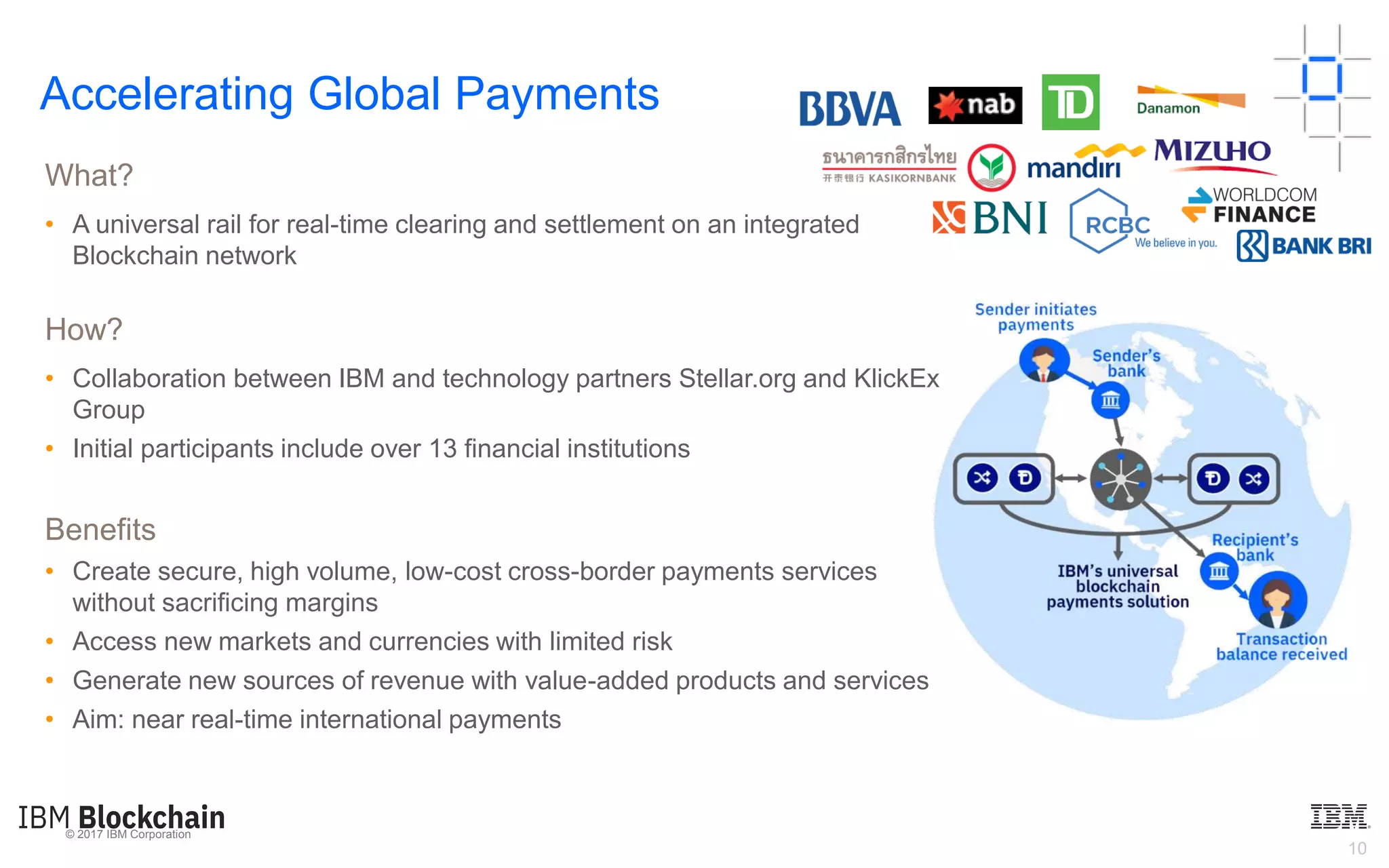 © 2017 IBM Corporation
10
What?
• A universal rail for real-time clearing and settlement on an integrated
Blockchain network
How?
• Collaboration between IBM and technology partners Stellar.org and KlickEx
Group
• Initial participants include over 13 financial institutions
Benefits
• Create secure, high volume, low-cost cross-border payments services
without sacrificing margins
• Access new markets and currencies with limited risk
• Generate new sources of revenue with value-added products and services
• Aim: near real-time international payments
Accelerating Global Payments
 