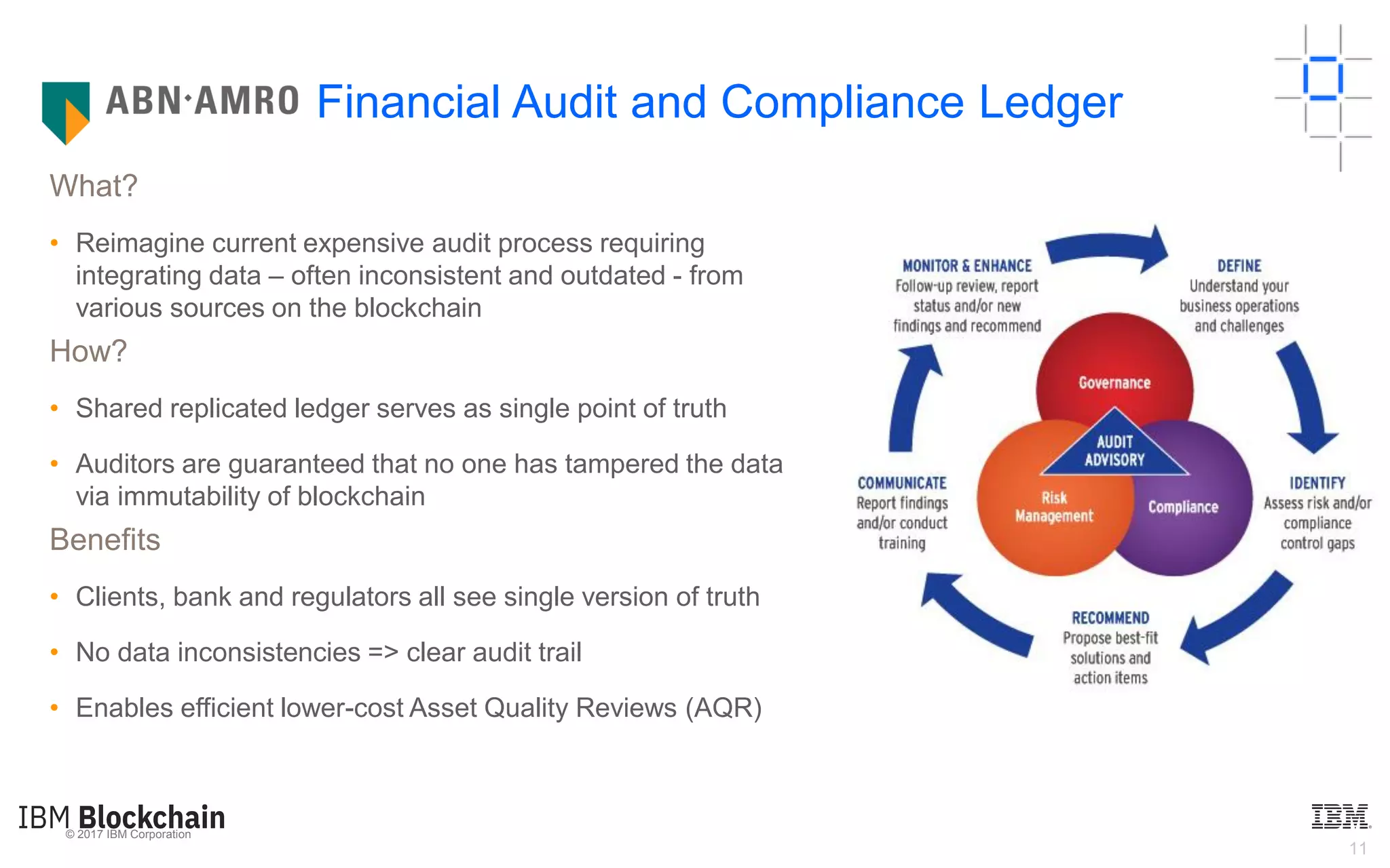© 2017 IBM Corporation
11
What?
• Reimagine current expensive audit process requiring
integrating data – often inconsistent and outdated - from
various sources on the blockchain
How?
• Shared replicated ledger serves as single point of truth
• Auditors are guaranteed that no one has tampered the data
via immutability of blockchain
Benefits
• Clients, bank and regulators all see single version of truth
• No data inconsistencies => clear audit trail
• Enables efficient lower-cost Asset Quality Reviews (AQR)
Financial Audit and Compliance Ledger
 