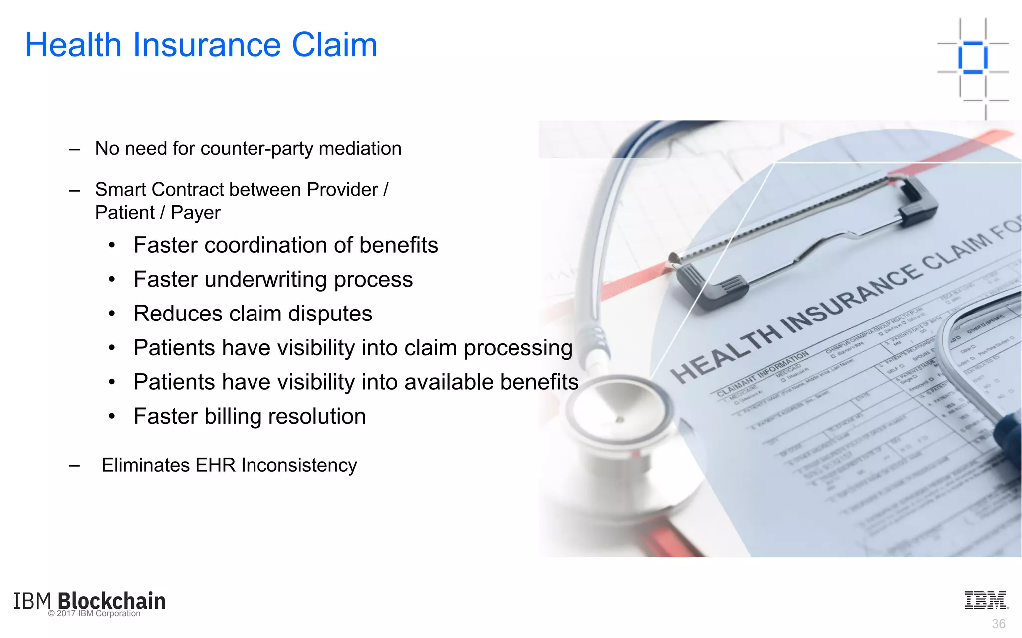 © 2017 IBM Corporation
36
Health Insurance Claim
– No need for counter-party mediation
– Smart Contract between Provider /
Patient / Payer
• Faster coordination of benefits
• Faster underwriting process
• Reduces claim disputes
• Patients have visibility into claim processing
• Patients have visibility into available benefits
• Faster billing resolution
– Eliminates EHR Inconsistency
 