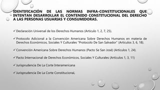 IDENTIFICACIÓN DE LAS NORMAS INFRA-CONSTITUCIONALES QUE
INTENTAN DESARROLLAR EL CONTENIDO CONSTITUCIONAL DEL DERECHO
A LAS PERSONAS USUARIAS Y CONSUMIDORAS.
 Declaración Universal de los Derechos Humanos (Articulo 1, 2, 7, 25).
 Protocolo Adicional a la Convención Americana Sobre Derechos Humanos en materia de
Derechos Económicos, Sociales Y Culturales "Protocolo De San Salvador" (Artículos 3, 6, 18).
 Convención Americana Sobre Derechos Humanos (Pacto Se San José) (Artículos 1, 24).
 Pacto Internacional de Derechos Económicos, Sociales Y Culturales (Artículos 1, 3, 11)
 Jurisprudencia De La Corte Interamericana
 Jurisprudencia De La Corte ConstitucionaL
 