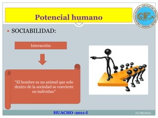 Potencial humano17/08/2011HUACHO -2011-I11SOCIABILIDAD:Interacción “El hombre es un animal que solo dentro de la sociedad se convierte en individuo”