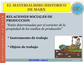 EL MATERIALISMO HISTORICO DE MARX17/08/2011MODODEPRODUCCIONRELACIONES SOCIALES DE PRODUCCION“Están determinadas por el carácter de la propiedad de los medios de producción”     * Instrumento de trabajo      * Objeto de trabajoHUACHO - 2011-I4