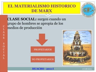 EL MATERIALISMO HISTORICO DE MARX17/08/20115CLASESOCIALCLASE SOCIAL: surgen cuando un grupo de hombres se apropia de los medios de producciónPROPIETARIOSNO PROPIETARIOSHUACHO - 2011-I