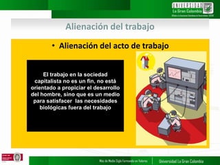 Alienación del trabajo
• Alienación del acto de trabajo
.
El trabajo en la sociedad
capitalista no es un fin, no está
orientado a propiciar el desarrollo
del hombre, sino que es un medio
para satisfacer las necesidades
biológicas fuera del trabajo
 