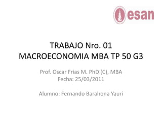 TRABAJO Nro. 01MACROECONOMIA MBA TP 50 G3 Prof. Oscar Frias M. PhD (C), MBA Fecha: 25/03/2011 Alumno: Fernando Barahona Yauri 