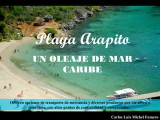 Playa Arapito
UN OLEAJE DE MAR
CARIBE
Carlos Luis Michel Fumero
Ofrecen opciones de transporte de mercancía y diversos productos por vía aérea o
marítima, con altos grados de confiabilidad y compromiso.
 