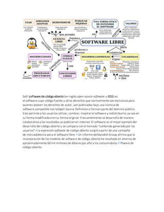 SoEl software de código abierto (en inglés open source software u OSS) es 
el software cuyo código fuente y otros derechos que normalmente son exclusivos para 
quienes poseen los derechos de autor, son publicados bajo una licencia de 
software compatible con laOpen Source Definition o forman parte del dominio público. 
Esto permite a los usuarios utilizar, cambiar, mejorar el software y redistribuirlo, ya sea en 
su forma modificada o en su forma original. Frecuentemente se desarrolla de manera 
colaborativa y los resultados se publican en internet. El software es el mejor ejemplo del 
desarrollo del código abierto y se compara con el llamado "contenido generado por los 
usuarios".1 La expresión software de código abierto surgió a partir de una campaña 
de mercadotecnia para el software libre. 2 Un informe delStandish Group afirma que la 
incorporación de los modelos de software de código abierto ha resultado en ahorros de 
aproximadamente 60 mil millones de dólares por año a los consumidores.3 4ftware de 
código abierto. 
 