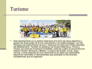 Turismo




   Este departamento es un destino ideal para el turismo de pesca deportiva y
    paseos de observación de la rica vida silvestre y los bellos paisajes. Los ríos
    Paraguay (al oeste),Parana (al sur) y Tebicuary (al norte) son límites naturales
    del departamento. También se destacan los arroyos Ñeembucu, Hondo y
    Yacare, así como los inmensos humedales, entre los cuales se encuentran los
    esteros Camba, Montuoso y Bellaco. La pesca del dorado, surubi, boga,
    corvina, y otras especies es muy reconocida en la región por pescadores
    deportivos nacionales e internacionales que participan en las diversas
    competencias que se organizan.
 