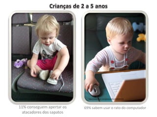 11% conseguem apertar os
atacadores dos sapatos
69% sabem usar o rato do computador
http://www.flickr.com/photos/71256895@N00/4793570324 http://www.flickr.com/photos/kiifu/2345232195
 