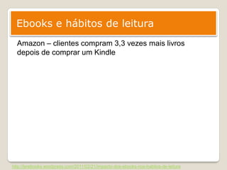Ebooks e hábitos de leitura
  Amazon – clientes compram 3,3 vezes mais livros
  depois de comprar um Kindle




http://lerebooks.wordpress.com/2011/02/21/impacto-dos-ebooks-nos-habitos-de-leitura
 