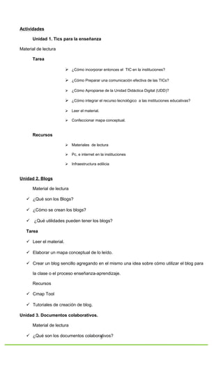 Actividades

      Unidad 1. Tics para la enseñanza

Material de lectura

      Tarea

                          ¿Cómo incorporar entonces el TIC en la instituciones?

                          ¿Cómo Preparar una comunicación efectiva de las TICs?

                          ¿Cómo Apropiarse de la Unidad Didáctica Digital (UDD)?

                          ¿Cómo integrar el recurso tecnológico a las instituciones educativas?

                          Leer el material.

                          Confeccionar mapa conceptual.


      Recursos

                          Materiales de lectura

                          Pc, e internet en la instituciones

                          Infraestructura edilicia


Unidad 2. Blogs

      Material de lectura

    ¿Qué son los Blogs?

    ¿Cómo se crean los blogs?

    ¿Qué utilidades pueden tener los blogs?

   Tarea

    Leer el material.

    Elaborar un mapa conceptual de lo leído.

    Crear un blog sencillo agregando en el mismo una idea sobre cómo utilizar el blog para

      la clase o el proceso enseñanza-aprendizaje.

      Recursos

    Cmap Tool

    Tutoriales de creación de blog.

Unidad 3. Documentos colaborativos.

      Material de lectura

    ¿Qué son los documentos colaborativos?
                                    3
 