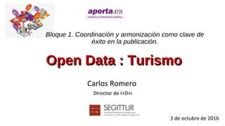 Bloque 1. Coordinación y armonización como clave de
éxito en la publicación.
Carlos Romero
Director de I+D+i
3 de octubre de 2016
Open Data : TurismoOpen Data : Turismo
 