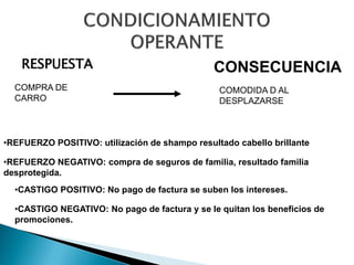 RESPUESTA                                  CONSECUENCIA
  COMPRA DE                                     COMODIDA D AL
  CARRO                                         DESPLAZARSE



•REFUERZO POSITIVO: utilización de shampo resultado cabello brillante

•REFUERZO NEGATIVO: compra de seguros de familia, resultado familia
desprotegida.
  •CASTIGO POSITIVO: No pago de factura se suben los intereses.

  •CASTIGO NEGATIVO: No pago de factura y se le quitan los beneficios de
  promociones.
 