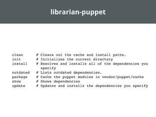Vagrantﬁle
Vagrant.configure("2") do |config|
config.vm.synced_folder ".", "/etc/puppet/modules/rvm"
# install the epel mo...