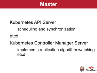 Master
Kubernetes API Server
scheduling and synchronization
etcd
Kubernetes Controller Manager Server
implements replication algorithm watching
etcd
 