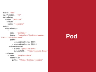Pod
kind: "Pod"
apiVersion: "v1"
metadata:
name: "jenkins"
labels:
name: "jenkins"
spec:
containers:
-
name: "jenkins"
image: "csanchez/jenkins-swarm:
1.625.1-for-volumes"
ports:
- containerPort: 8080
- containerPort: 50000
volumeMounts:
- name: "jenkins-data"
mountPath: "/var/jenkins_home"
volumes:
- name: "jenkins-data"
hostPath:
path: "/home/docker/jenkins"
 