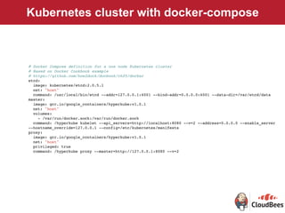 Kubernetes cluster with docker-compose
# Docker Compose definition for a one node Kubernetes cluster
# Based on Docker Cookbook example
# https://github.com/how2dock/docbook/ch05/docker
etcd:
image: kubernetes/etcd:2.0.5.1
net: "host"
command: /usr/local/bin/etcd --addr=127.0.0.1:4001 --bind-addr=0.0.0.0:4001 --data-dir=/var/etcd/data
master:
image: gcr.io/google_containers/hyperkube:v1.0.1
net: "host"
volumes:
- /var/run/docker.sock:/var/run/docker.sock
command: /hyperkube kubelet --api_servers=http://localhost:8080 --v=2 --address=0.0.0.0 --enable_server
--hostname_override=127.0.0.1 --config=/etc/kubernetes/manifests
proxy:
image: gcr.io/google_containers/hyperkube:v1.0.1
net: "host"
privileged: true
command: /hyperkube proxy --master=http://127.0.0.1:8080 --v=2
 